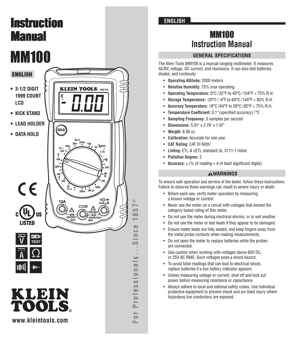 KLEIN TOOLS MM100 INSTRUCTION MANUAL Pdf Download | ManualsLib