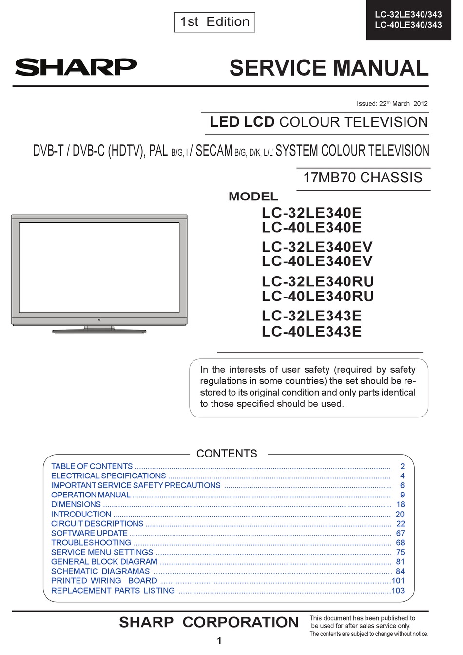 SHARP LC-32LE340E SERVICE MANUAL Pdf Download | ManualsLib