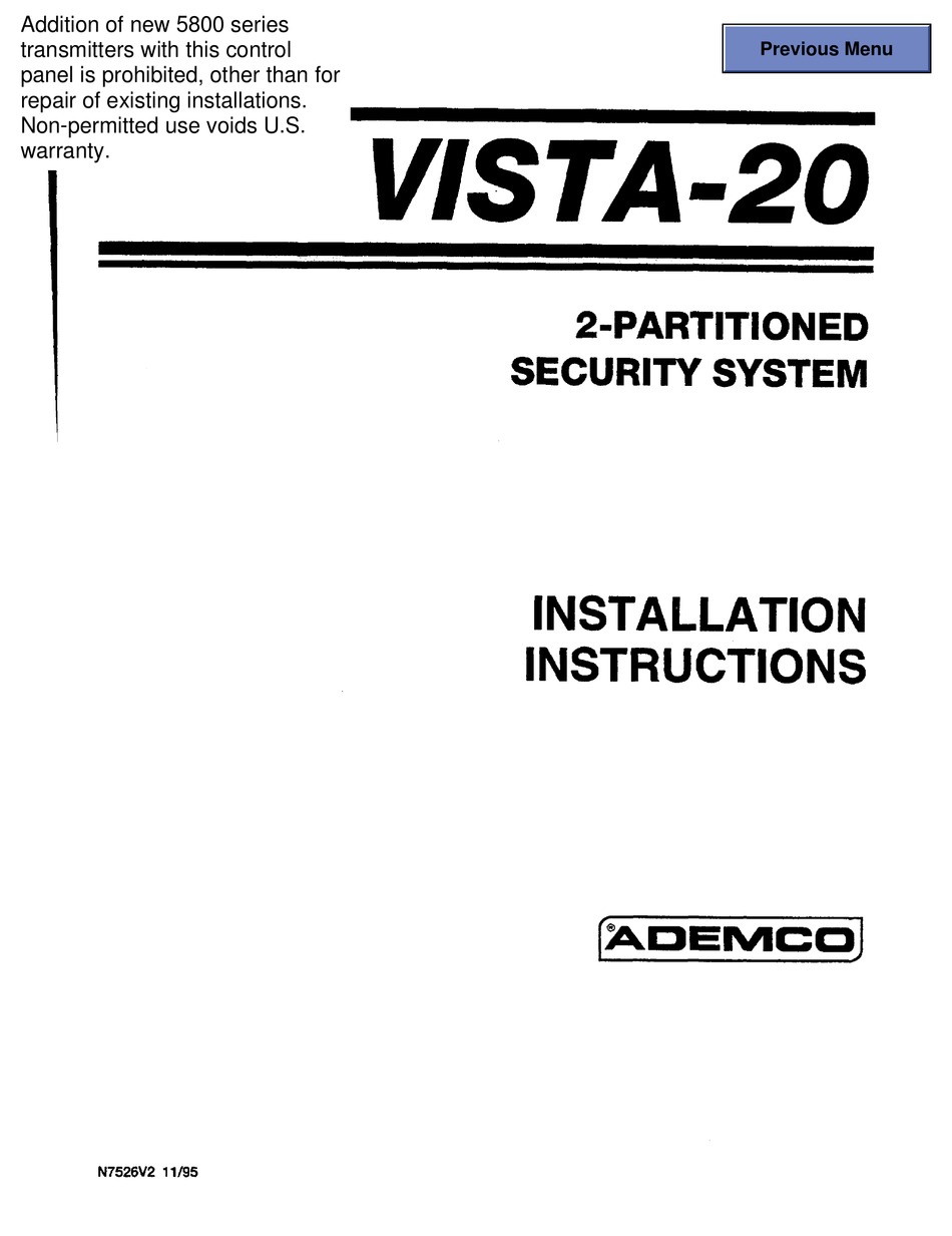 ADEMCO VISTA-20 INSTALLATION INSTRUCTIONS MANUAL Pdf Download | ManualsLib