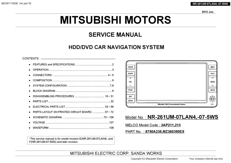 Mitsubishi Nr 261um 07lan4 Service Manual Pdf Download Manualslib