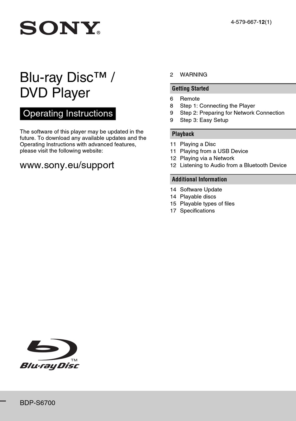 SONY BDP-S6700 OPERATING INSTRUCTIONS MANUAL Pdf Download | ManualsLib