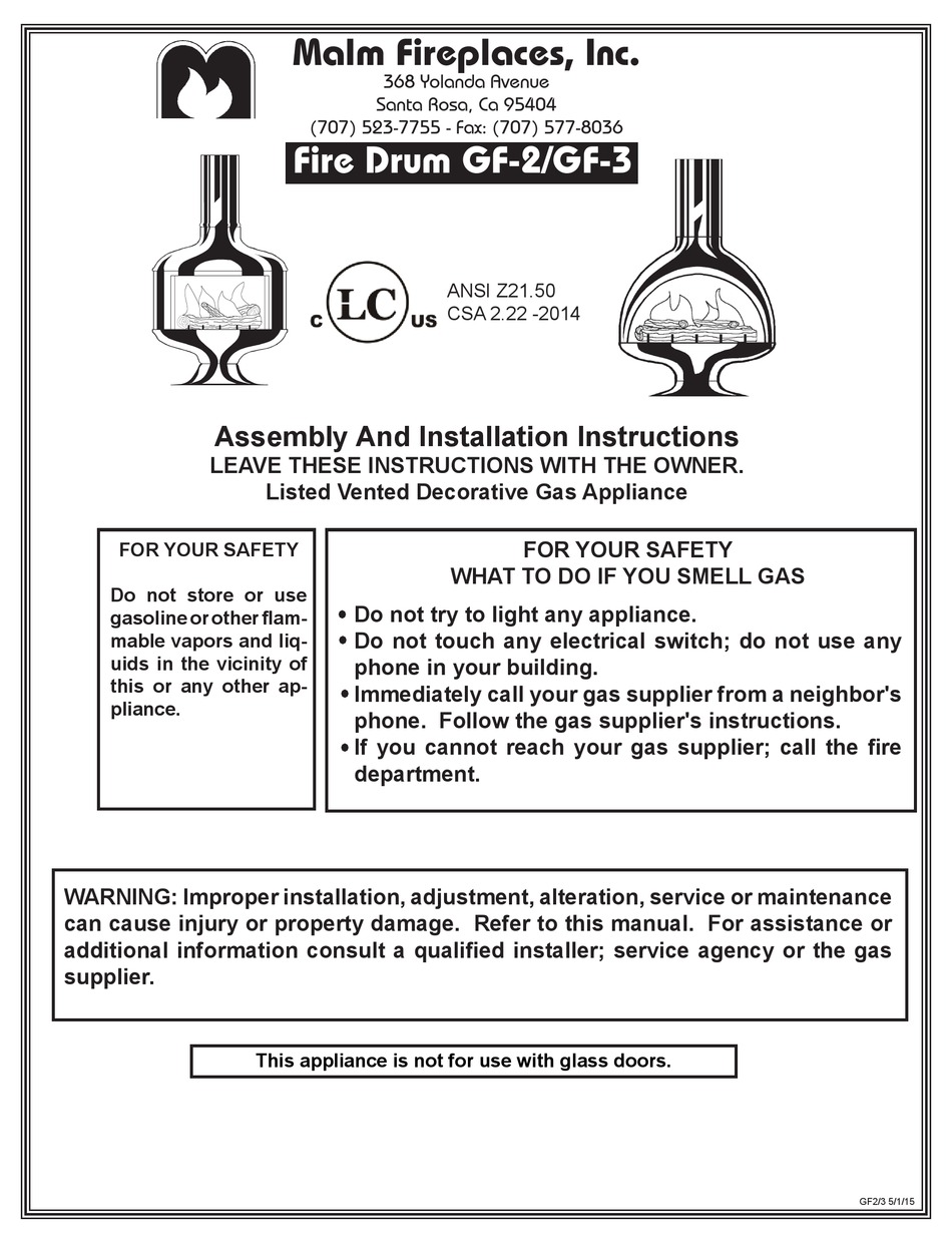 MALM FIREPLACES FIRE DRUM GF2 ASSEMBLY AND INSTALLATION INSTRUCTIONS