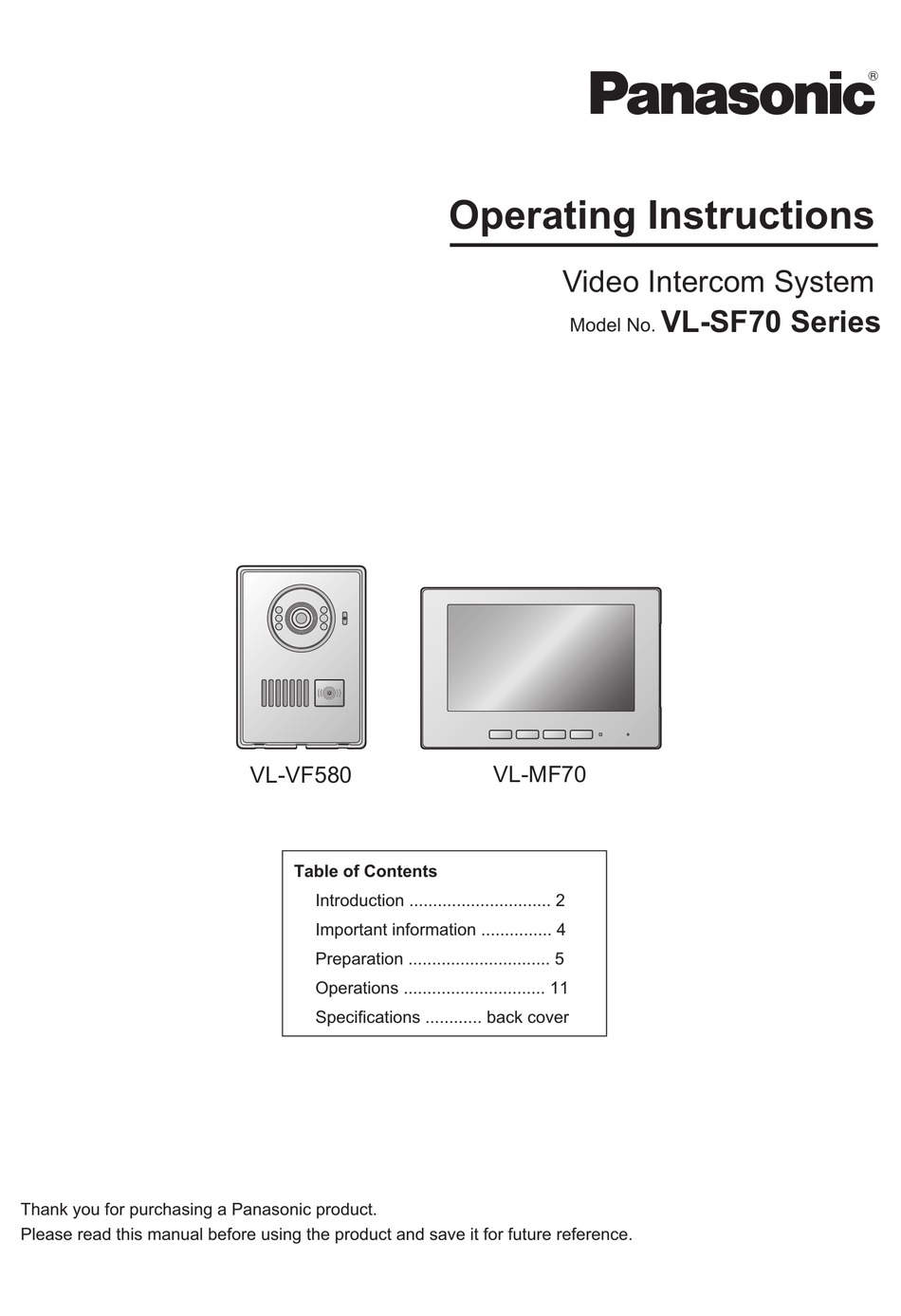 PANASONIC VL-VF580 OPERATING INSTRUCTIONS MANUAL Pdf Download 