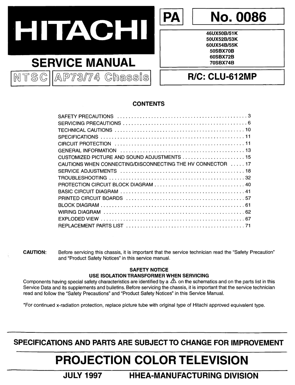 Hitachi 46ux51k Service Manual Pdf Download Manualslib