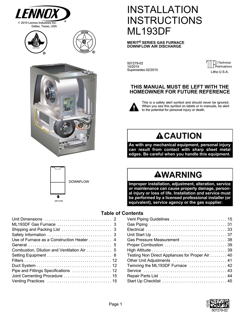 LENNOX ML193DF INSTALLATION INSTRUCTIONS MANUAL Pdf Download | ManualsLib
