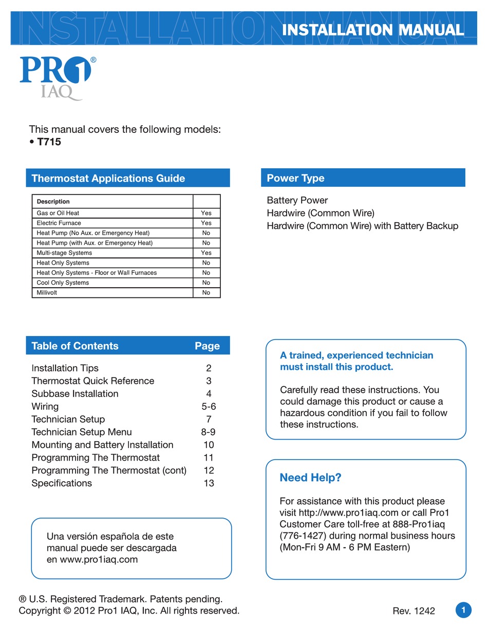 PRO1 IAQ T715 INSTALLATION MANUAL Pdf Download | ManualsLib