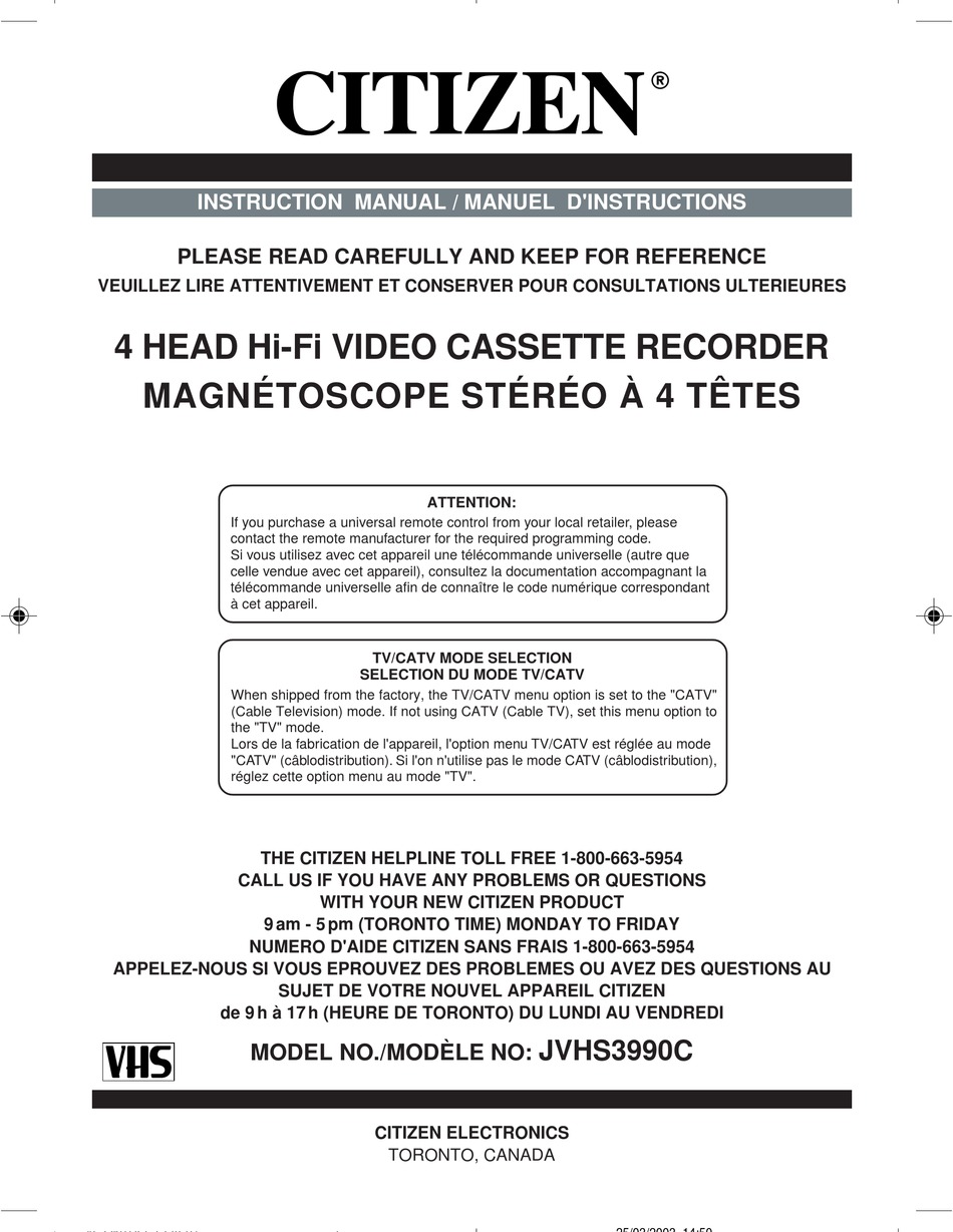 CITIZEN JVHS3990C INSTRUCTION MANUAL Pdf Download ManualsLib