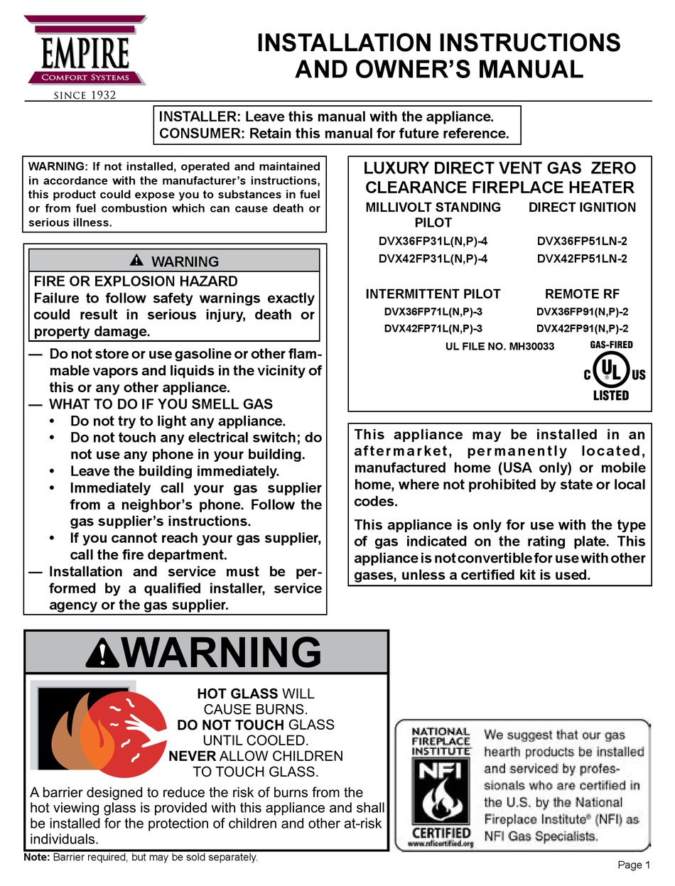 EMPIRE COMFORT SYSTEMS DVX36FP31LN-4 INSTALLATION INSTRUCTIONS AND ...