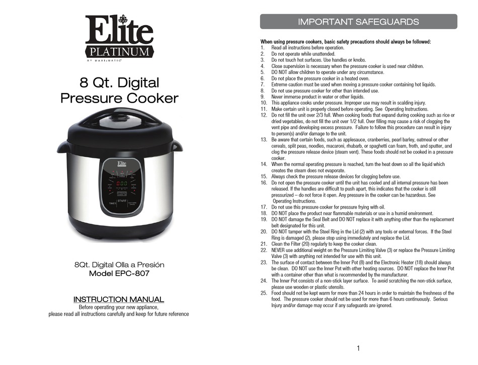 Elite Epc 807 Instruction Manual Pdf Download Manualslib