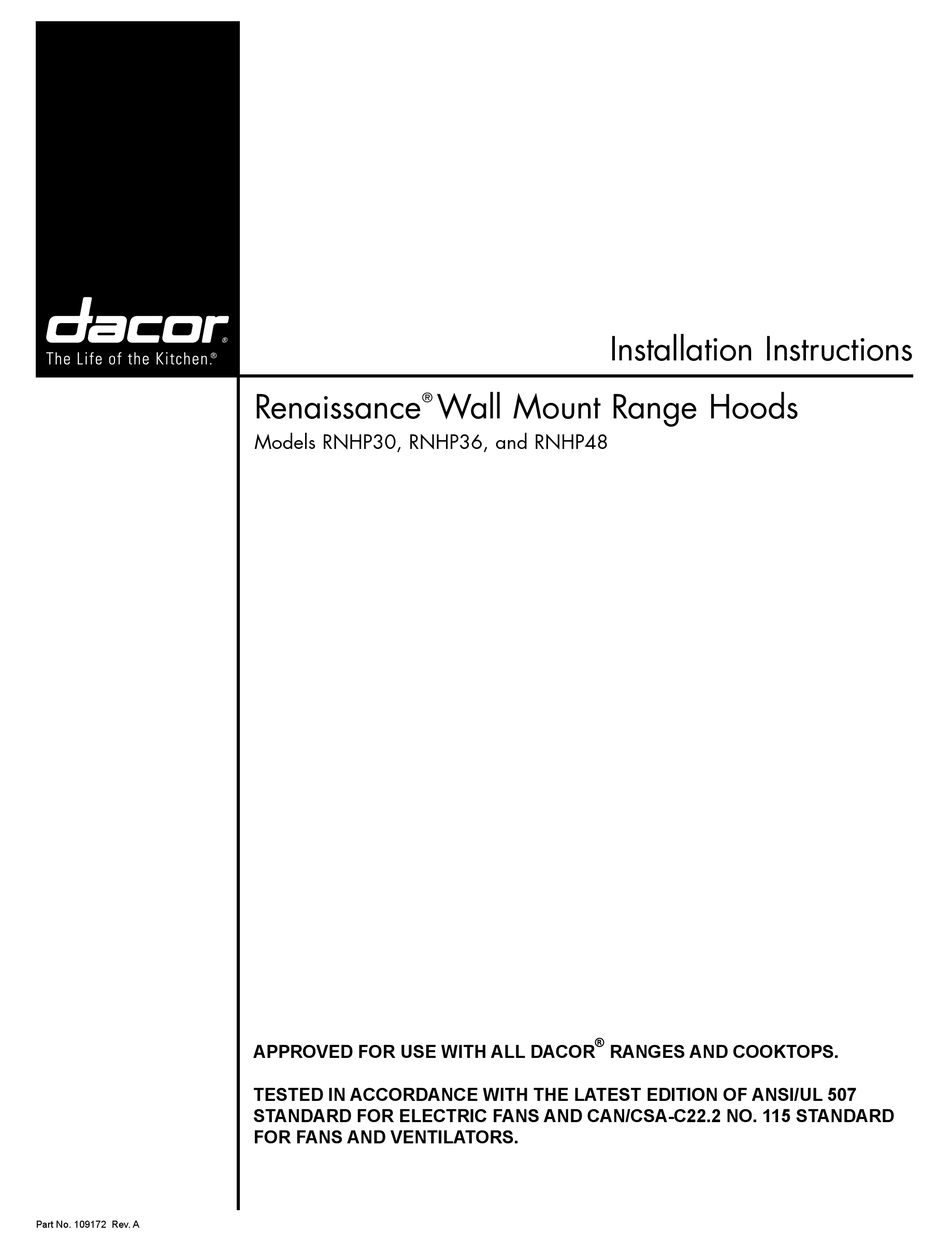 DACOR RNHP30 RENAISSANCE INSTALLATION INSTRUCTIONS MANUAL Pdf Download