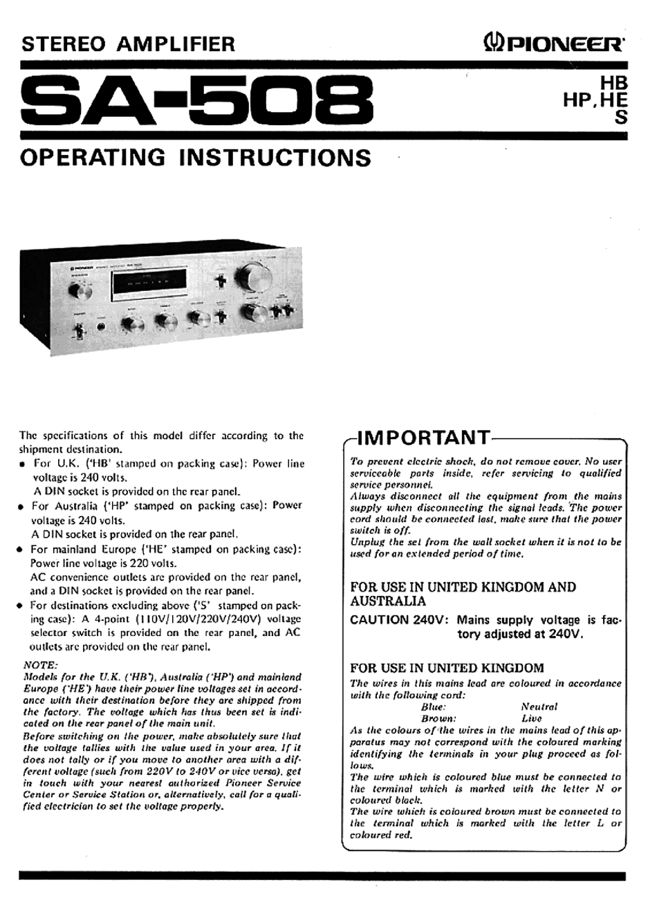 Pioneer Sa 508 Operating Instructions Manual Pdf Download Manualslib