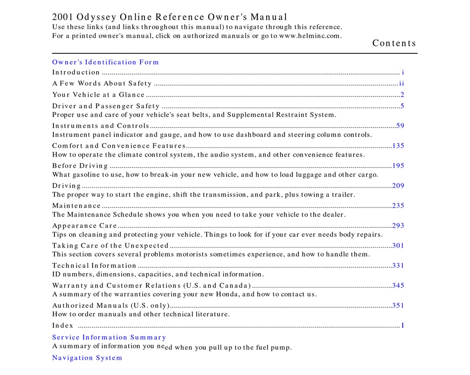 HONDA ODYSSEY 2001 REFERENCE OWNER'S MANUAL Pdf Download | ManualsLib