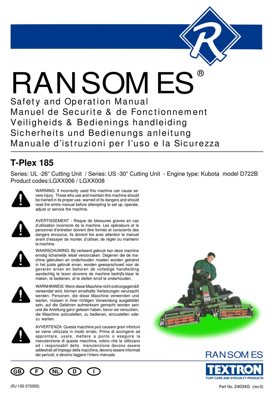 Specifications; Engine Specification; Machine Specification - Ransomes T-Plex  185 Safety And Operation Manual [Page 14]