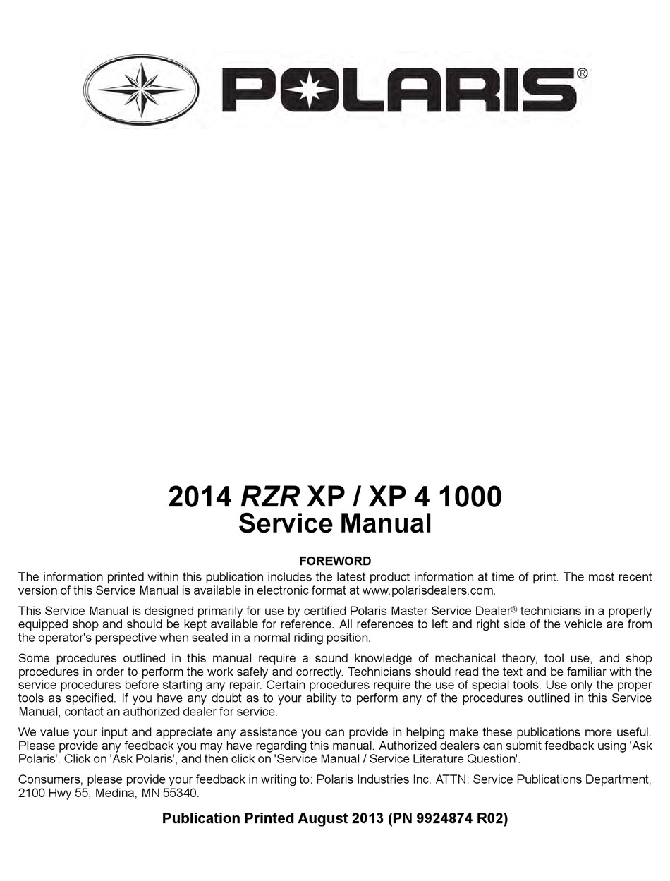 Polaris 2018 Rzr Xp 1000 Service Manual