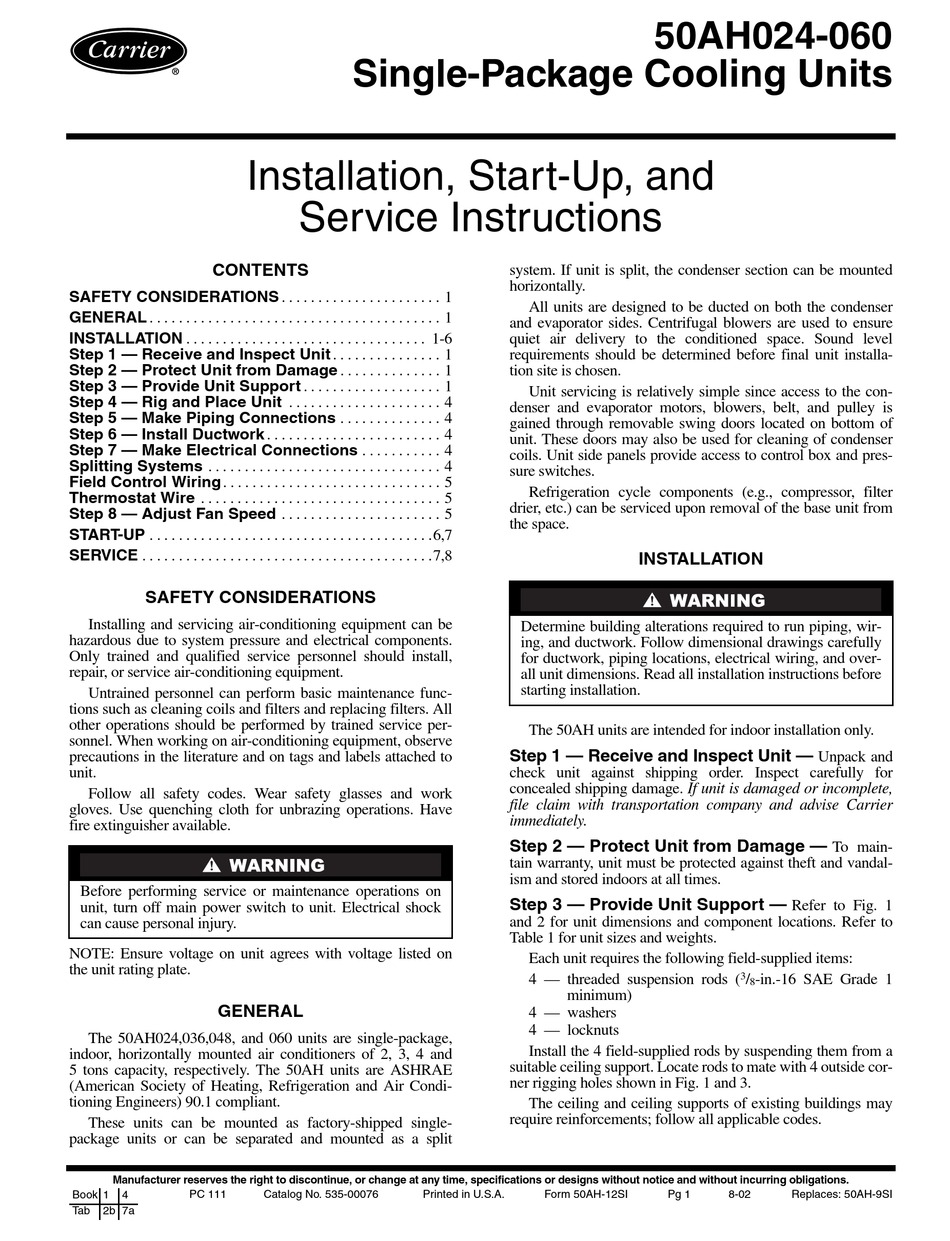 CARRIER 50AH024 INSTALLATION, START-UP AND SERVICE INSTRUCTIONS MANUAL