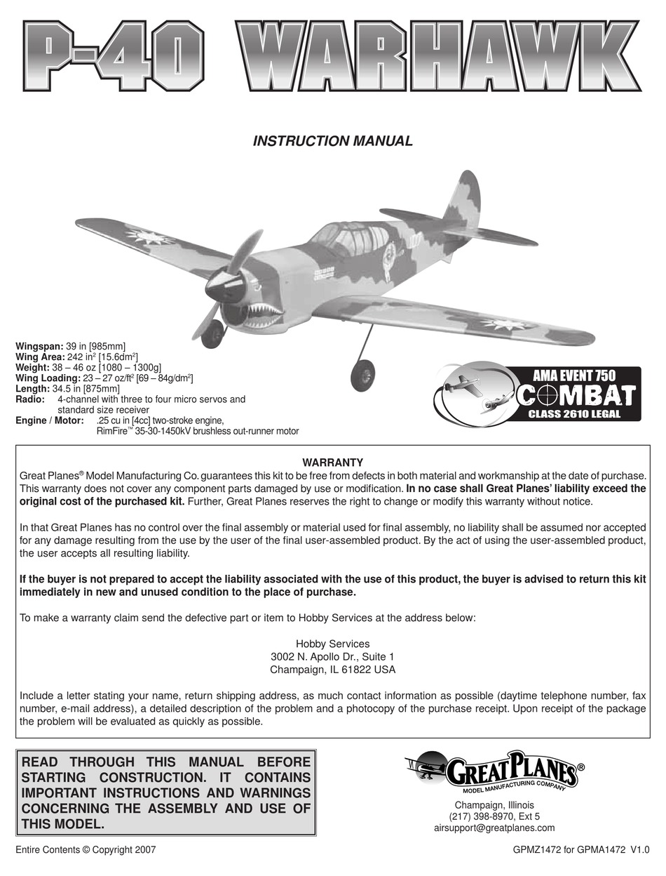 GREAT PLANES P-40 WARHAWK INSTRUCTION MANUAL Pdf Download | ManualsLib