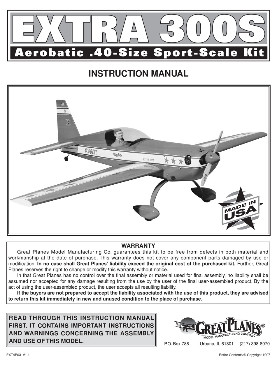 Great Planes Extra 300S 60 Instruction Build Owners Manual Sport Scale EXT6P03 