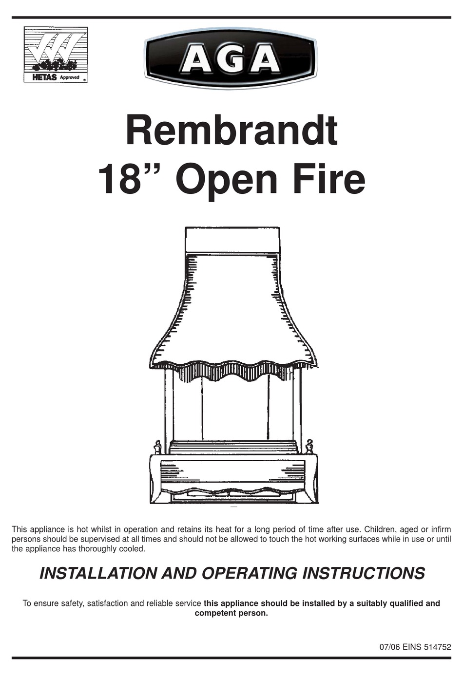AGA REMBRANDT INSTALLATION AND OPERATING INSTRUCTIONS MANUAL Pdf