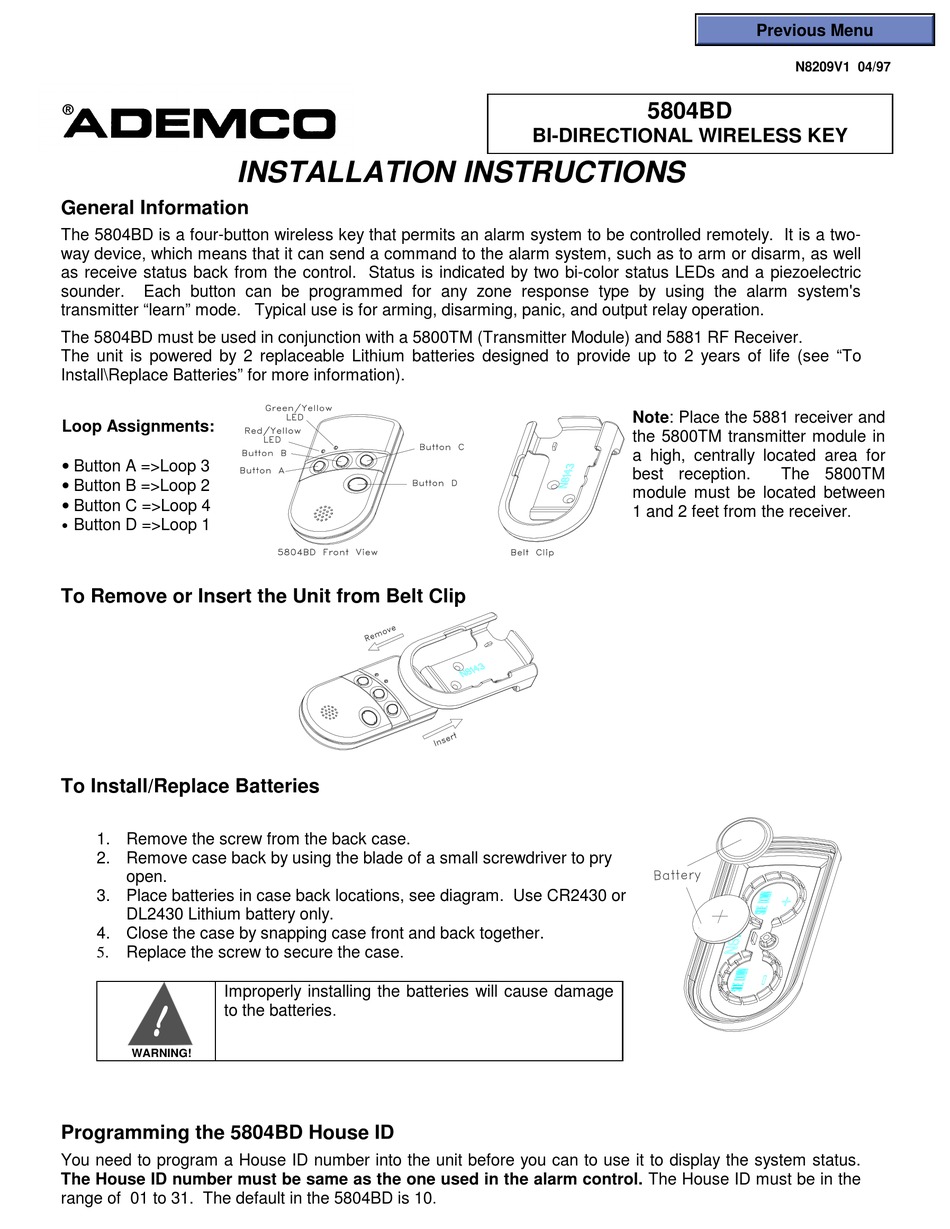 ADEMCO 5804BD INSTALLATION INSTRUCTIONS Pdf Download ManualsLib