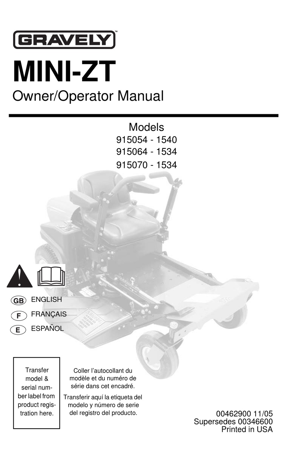 Specifications Gravely MINI ZT 915054 Owner s Operator s Manual