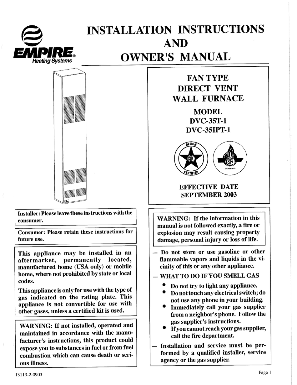 EMPIRE DVC-35T-1 INSTALLATION INSTRUCTIONS AND OWNER'S MANUAL Pdf