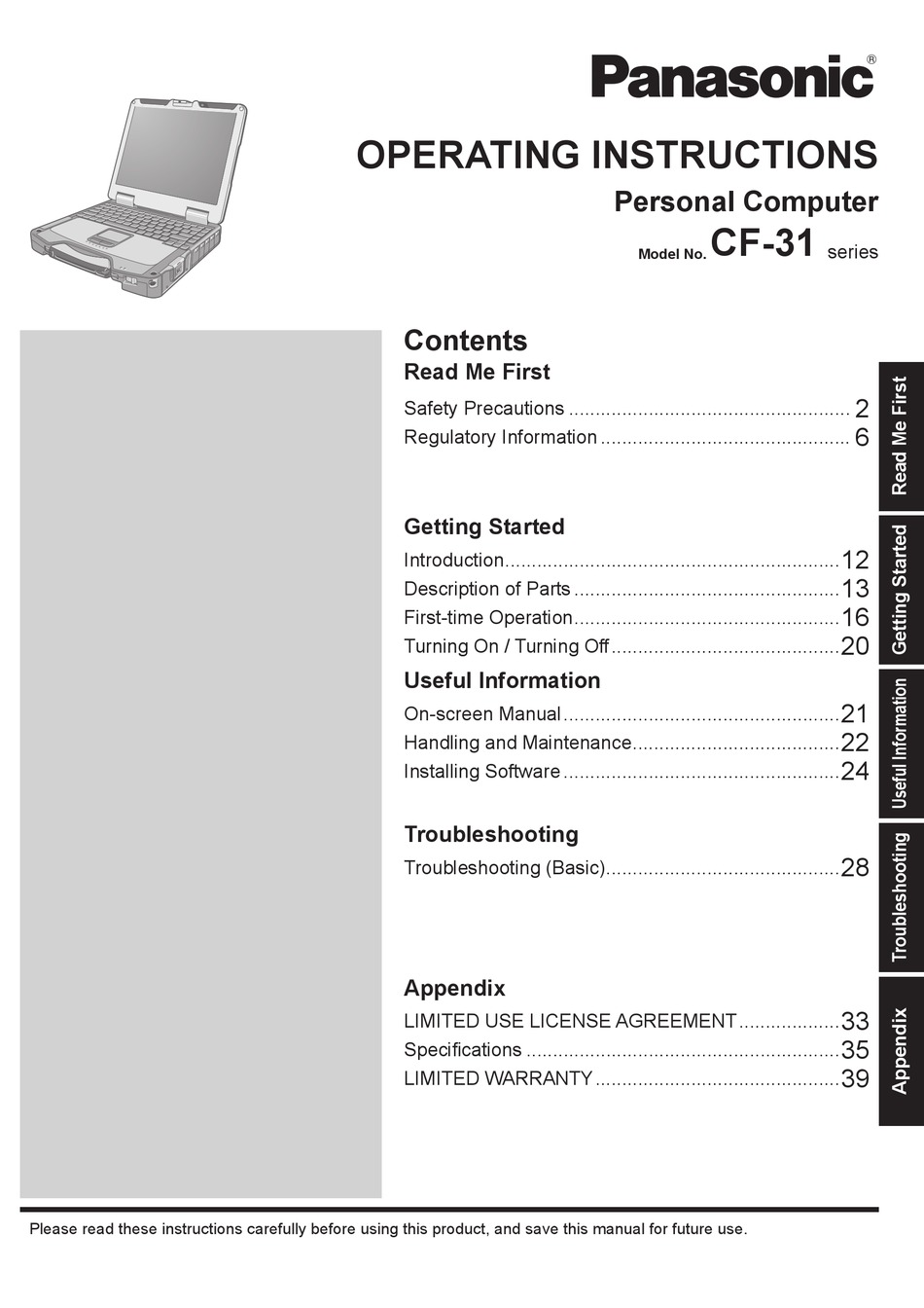 PANASONIC CF31 OPERATING INSTRUCTIONS MANUAL Pdf Download ManualsLib