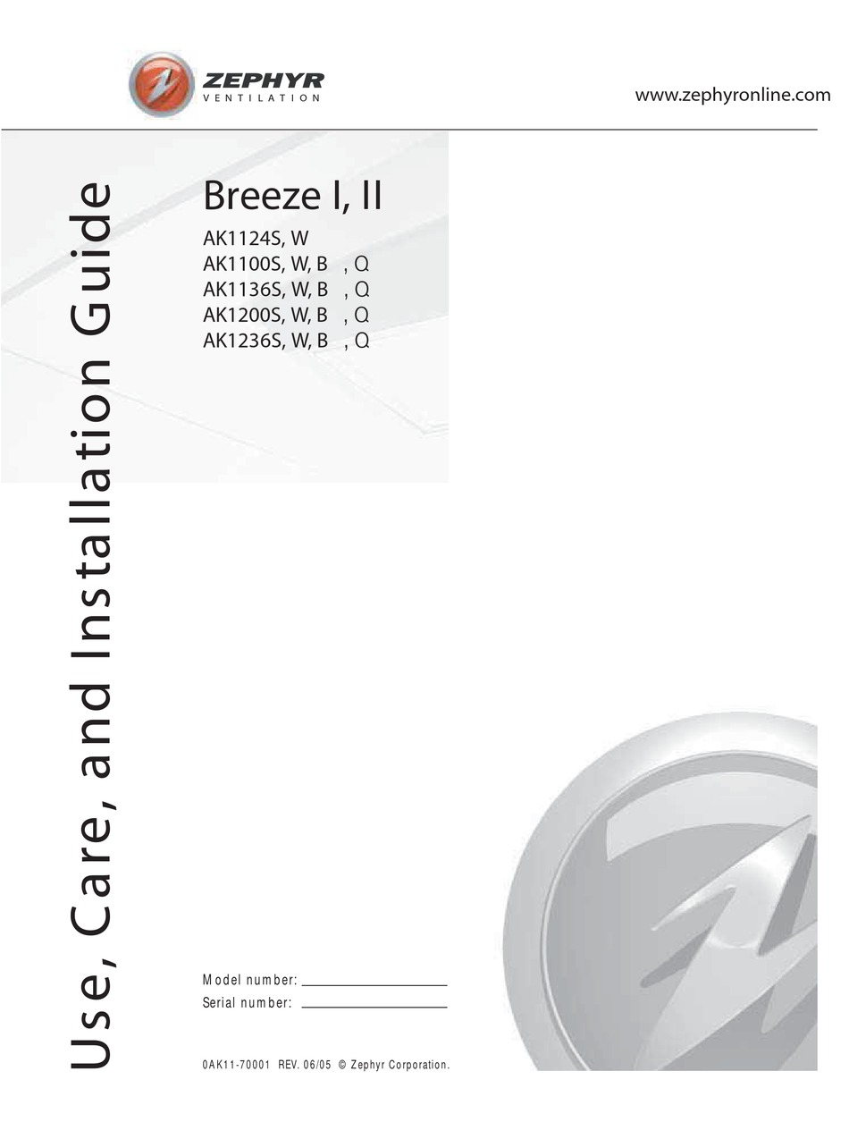 ZEPHYR BREEZE I USE, CARE AND INSTALLATION MANUAL Pdf Download | ManualsLib