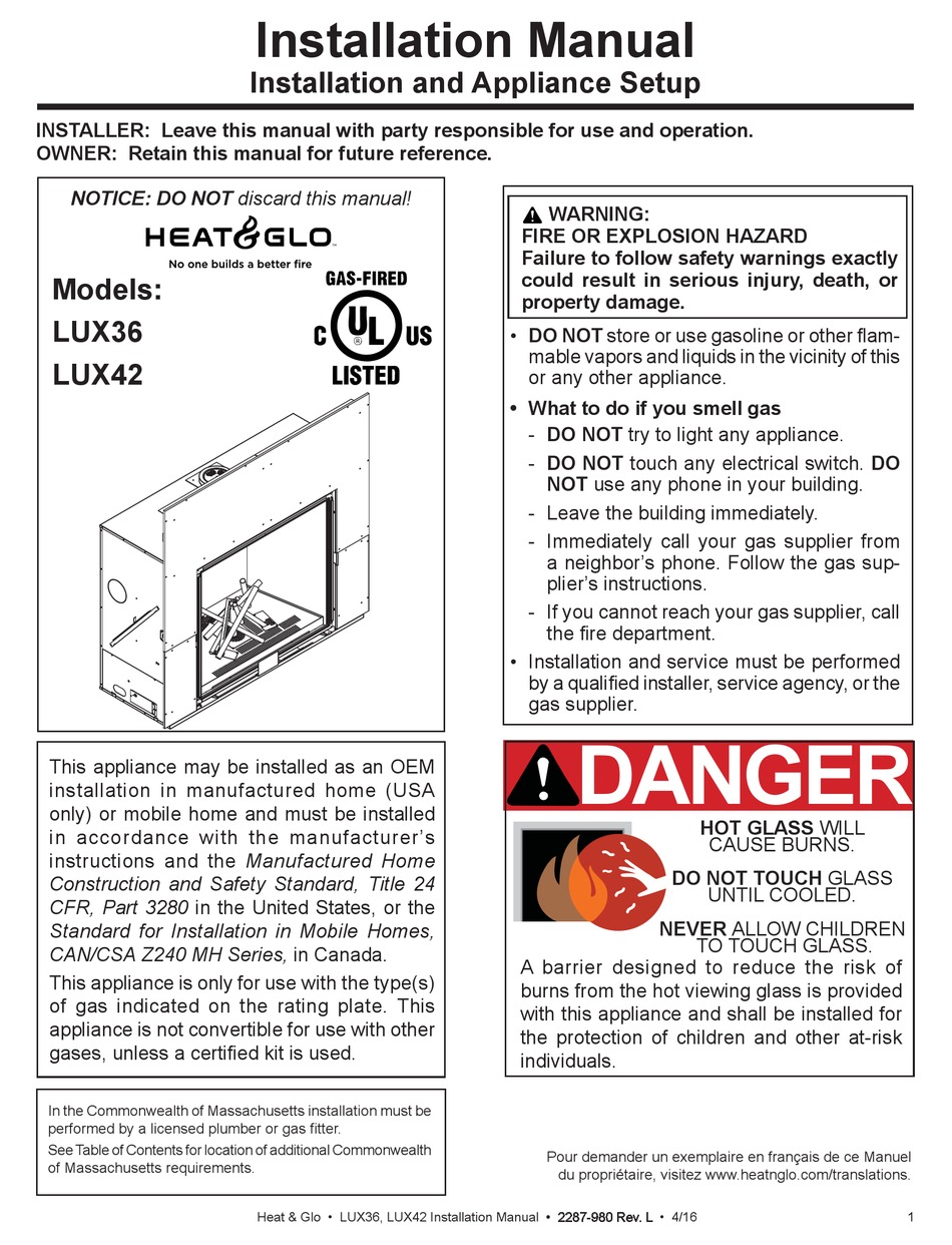 HEAT & GLO LUX42 INSTALLATION MANUAL Pdf Download ManualsLib