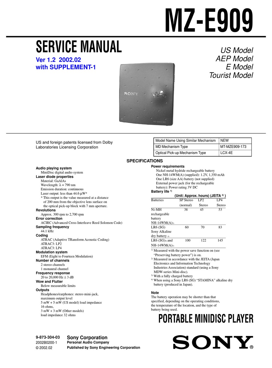 SONY MZ-E909 SERVICE MANUAL Pdf Download | ManualsLib