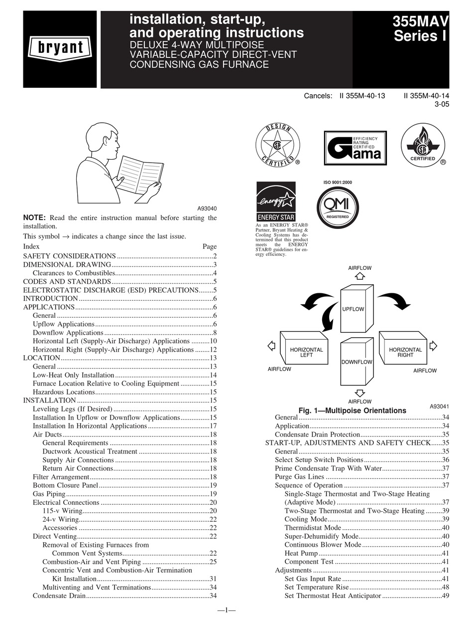 BRYANT 355MAV INSTALLATION, START-UP, AND OPERATING INSTRUCTIONS MANUAL Pdf Download | ManualsLib