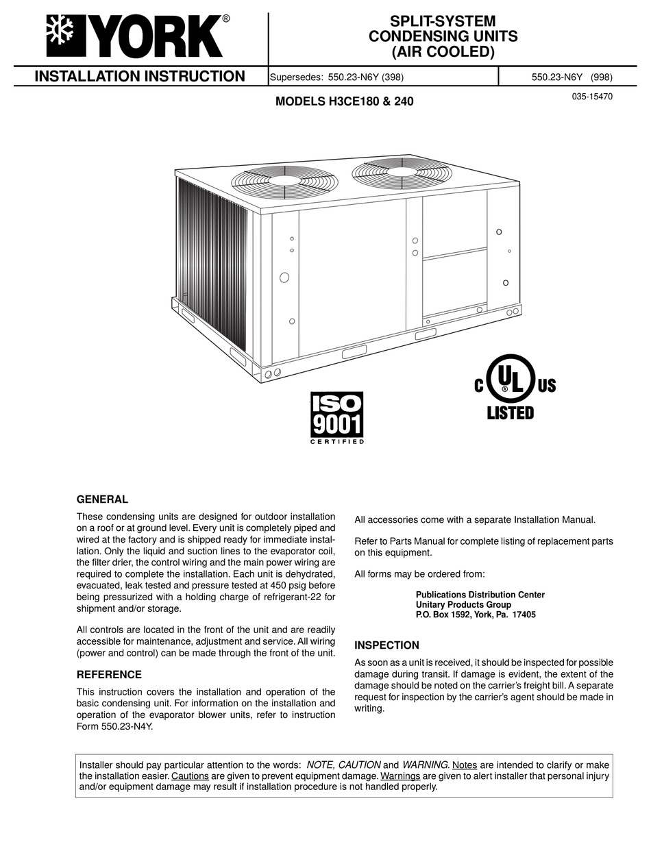 YORK H3CE180 INSTALLATION INSTRUCTIONS MANUAL Pdf Download ManualsLib
