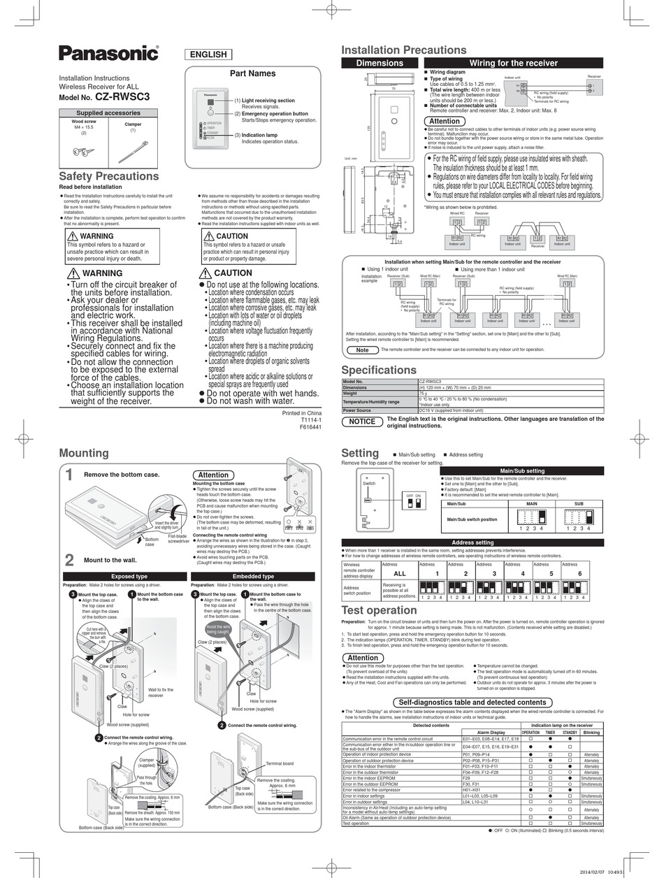 PANASONIC CZRWSC3 INSTALLATION INSTRUCTIONS MANUAL Pdf Download