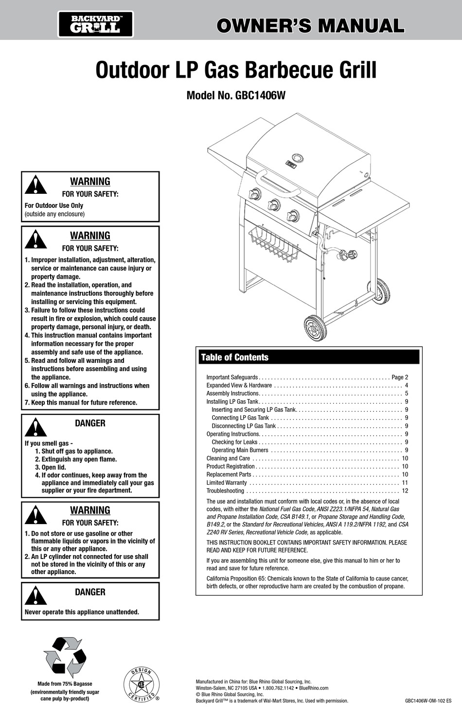 BLUE RHINO BACKYARD GRILL GBC1406W OWNER'S MANUAL Pdf Download | ManualsLib