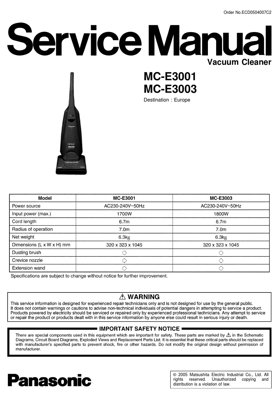 PANASONIC MCE3000 MCE3001 MC-E3001 MCE3003 MCE3011 Vacuum Cleaner BELTS