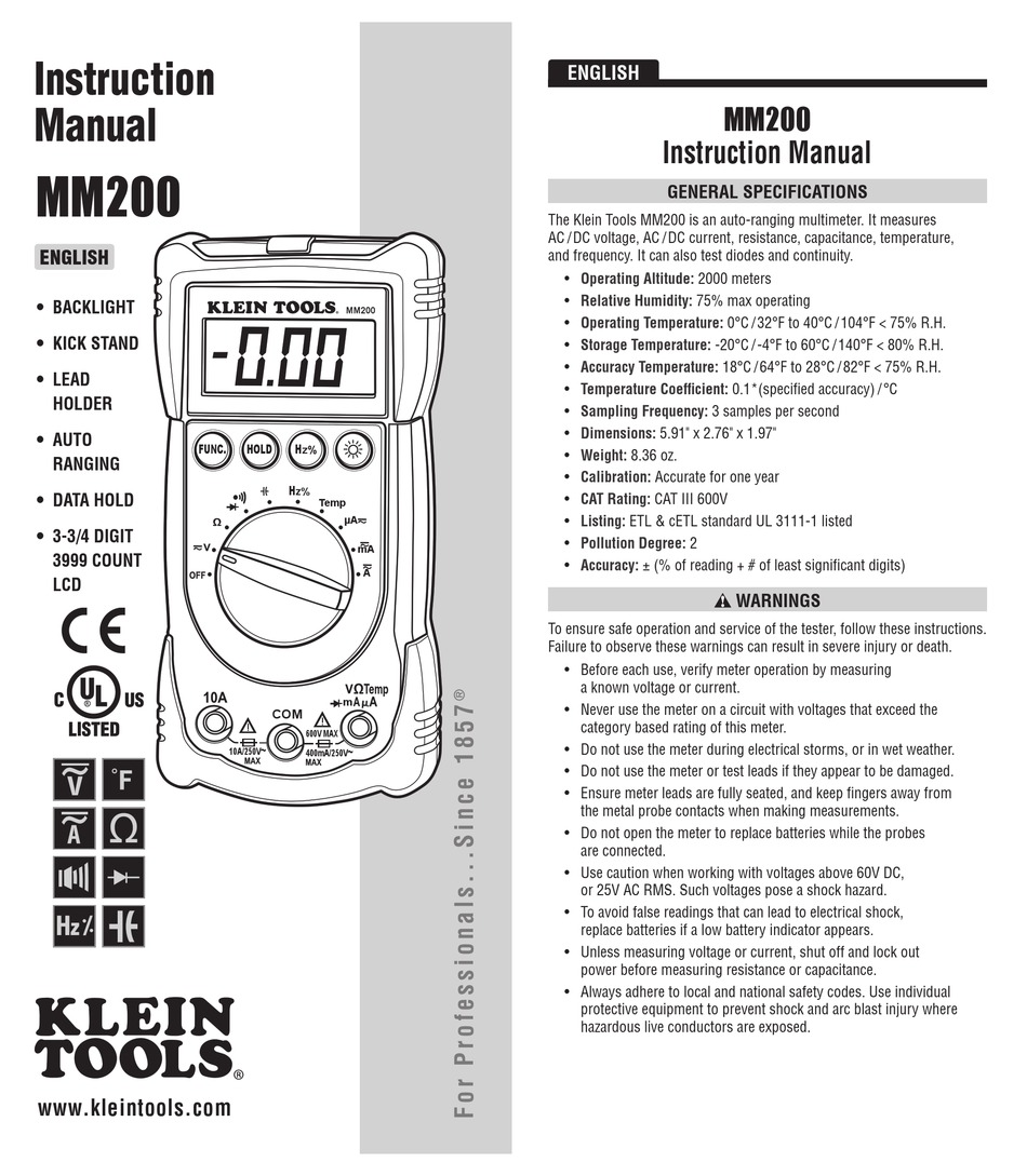 KLEIN TOOLS MM200 INSTRUCTION MANUAL Pdf Download | ManualsLib