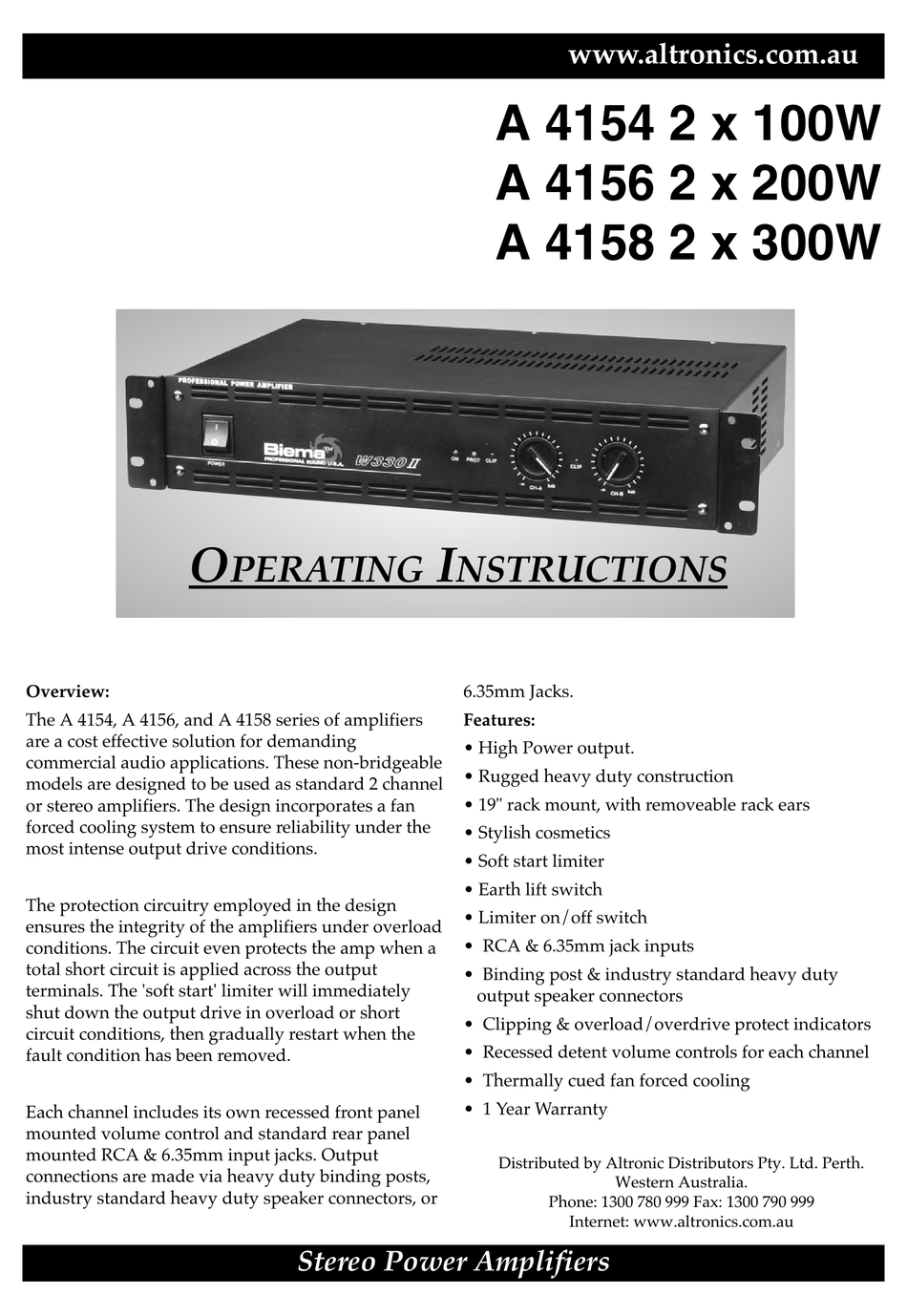 ALTRONICS BIEMA A 4154 SERIES OPERATING INSTRUCTIONS Pdf Download