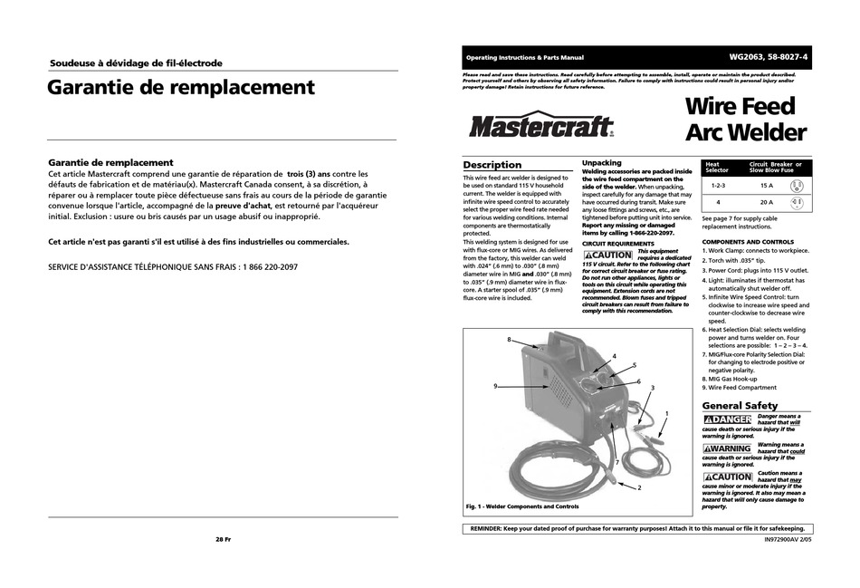 MASTERCRAFT WG2063 OPERATING INSTRUCTIONS & PARTS MANUAL Pdf Download