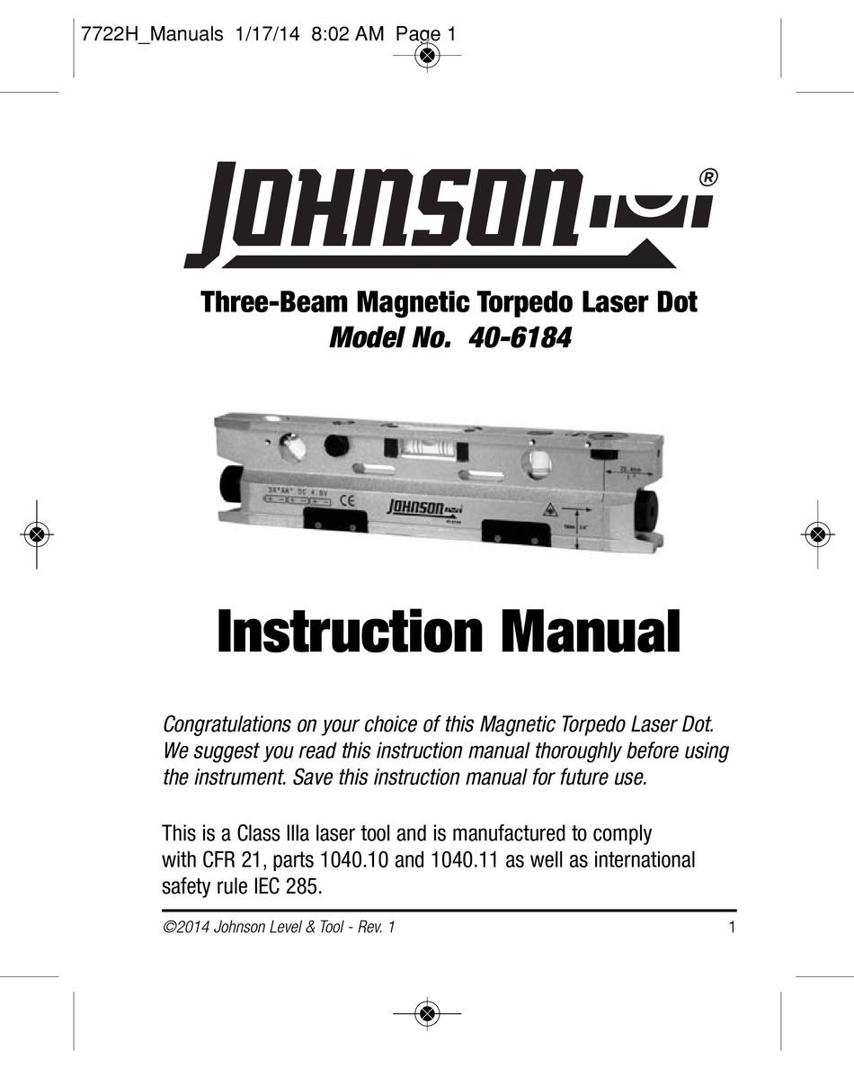 Johnson Level and Tool 40-6184 Three-Beam Magnetic Torpedo Laser