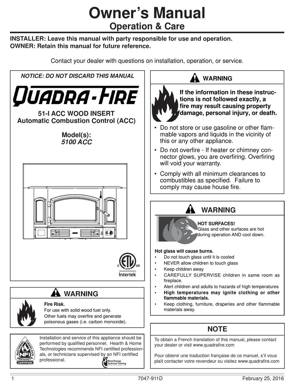 QUADRA-FIRE 5100 ACC OWNER'S MANUAL Pdf Download | ManualsLib