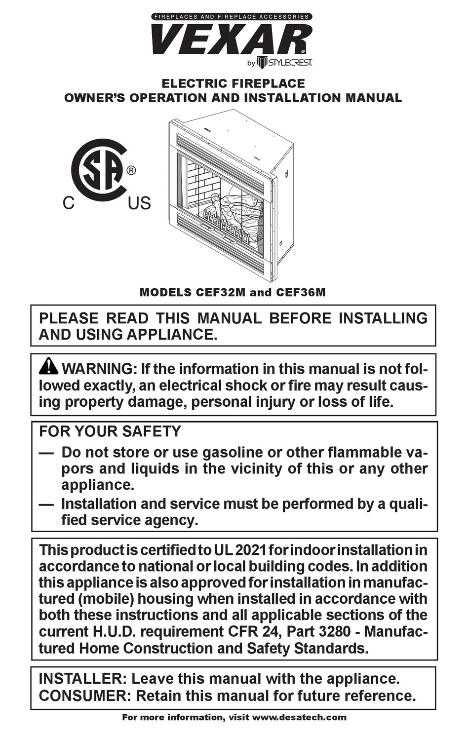 VEXAR CEF32M OWNER'S OPERATION AND INSTALLATION MANUAL Pdf Download