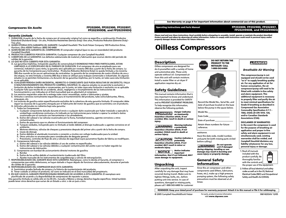 CAMPBELL HAUSFELD FP202800 OPERATING INSTRUCTIONS AND PARTS MANUAL Pdf