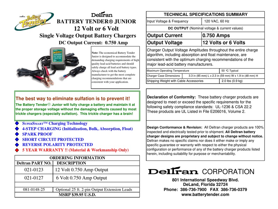 Deltran Battery Tender Junior Instructions Manual Pdf Download Manualslib