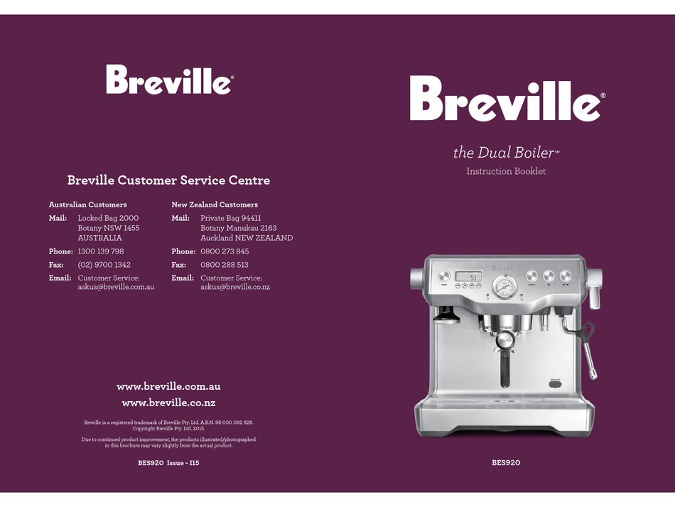 BREVILLE BES920 INSTRUCTION BOOKLET Pdf Download | ManualsLib