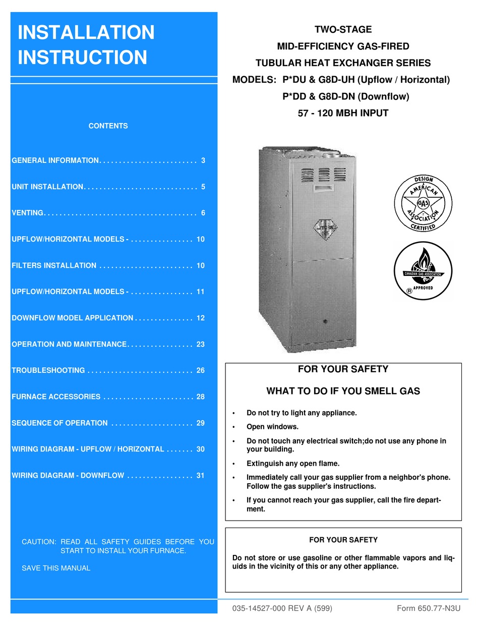 LUXAIRE P*DU & G8D-UH SERIES INSTALLATION INSTRUCTIONS MANUAL Pdf