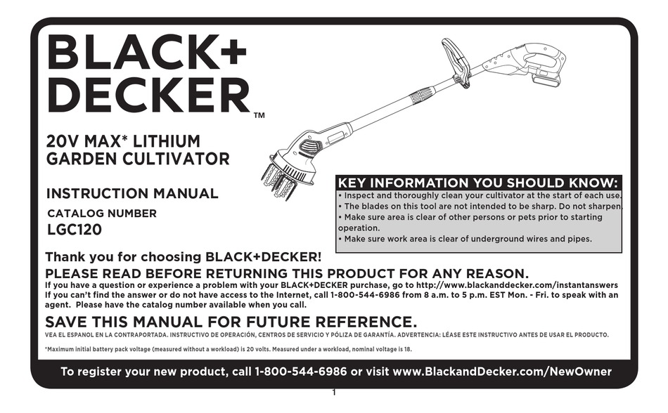 BATTERY & CHARGER Black & Decker LGC120 20V MAX Li-Ion Garden Cultivator  Tiller