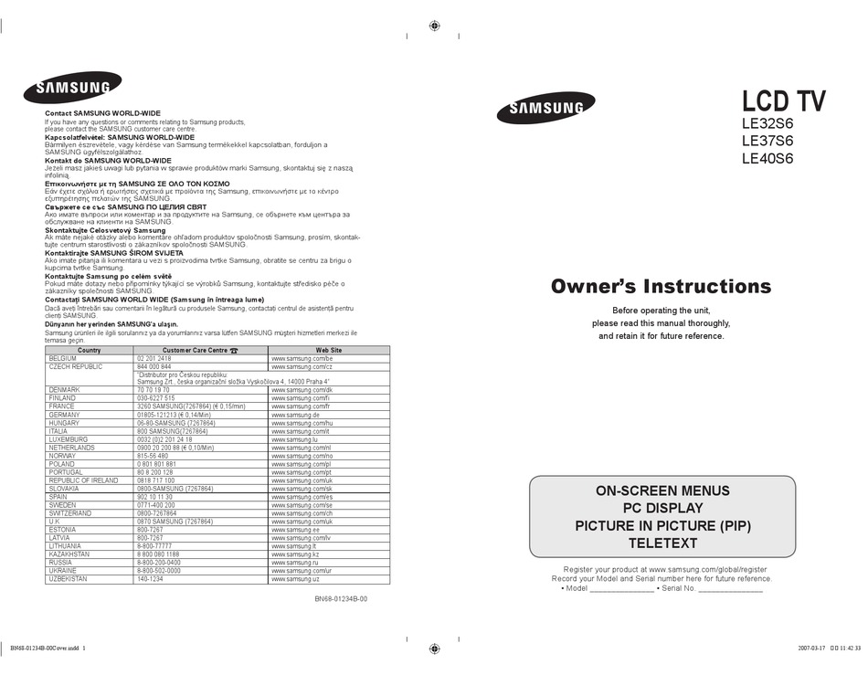 SAMSUNG LE32S6 OWNER'S INSTRUCTIONS MANUAL Pdf Download | ManualsLib