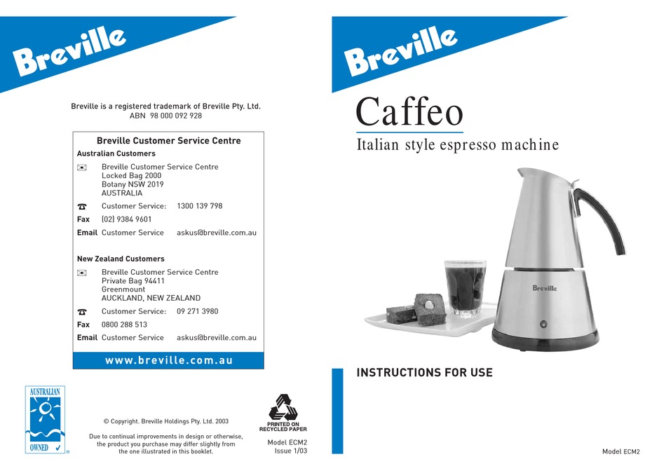 BREVILLE CAFFEO ECM2 INSTRUCTIONS FOR USE MANUAL Pdf Download ManualsLib