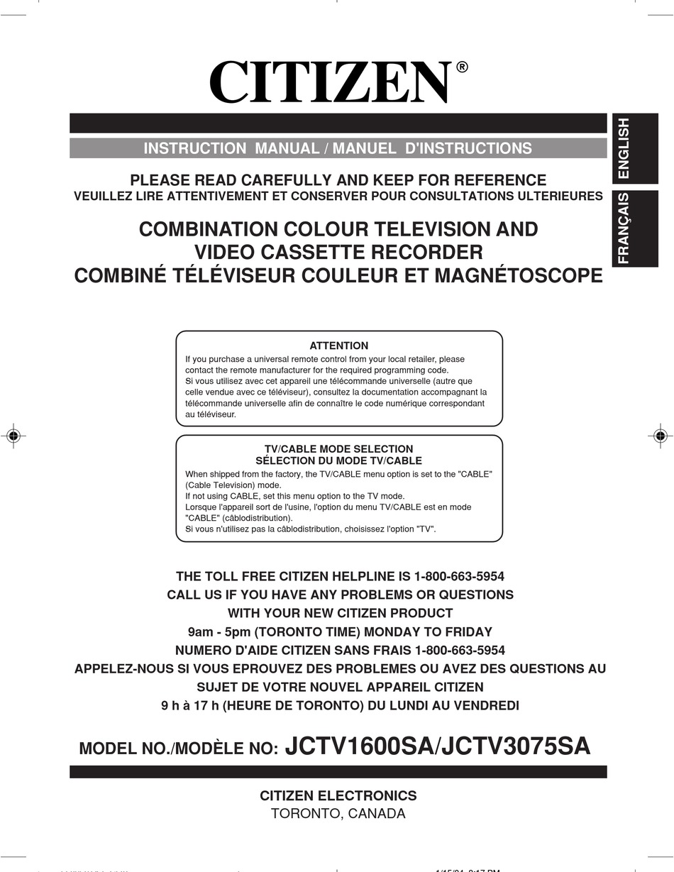 Citizen Jctv1600sa Instruction Manual Pdf Download Manualslib