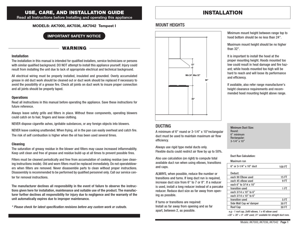 ZEPHYR AK7000 USE, CARE AND INSTALLATION MANUAL Pdf Download ManualsLib