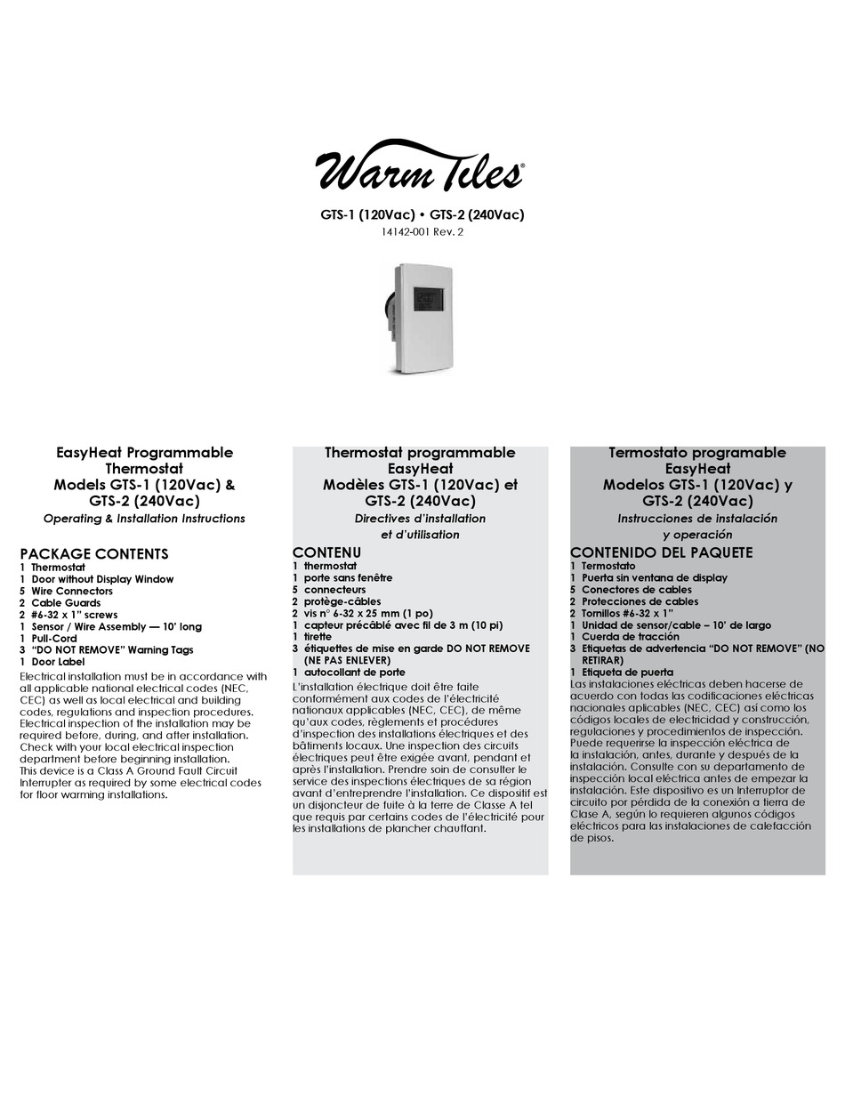 WARM TILES GTS-1 OPERATING & INSTALLATION INSTRUCTIONS MANUAL Pdf